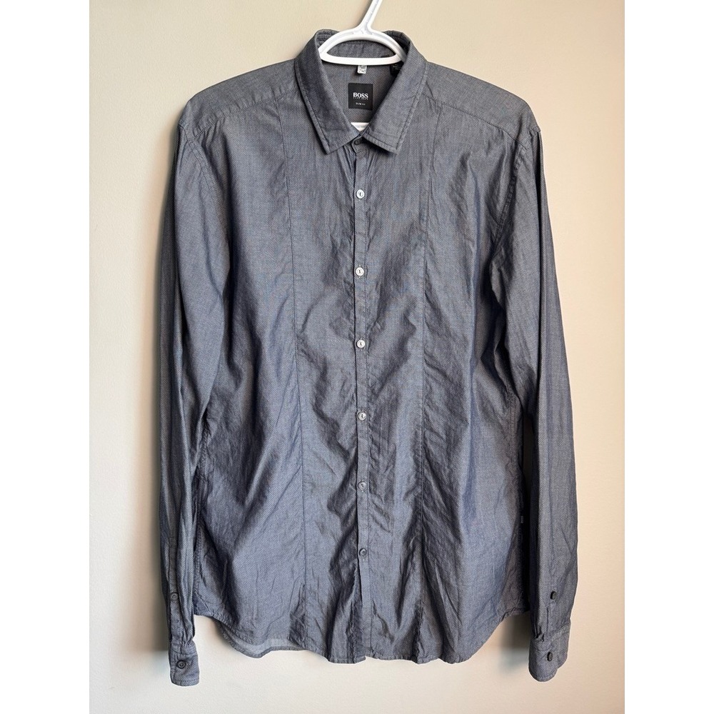HUGO BOSS Slim Fit Long Sleeve Button Shirt Gray Mens M Business Casual Preppy